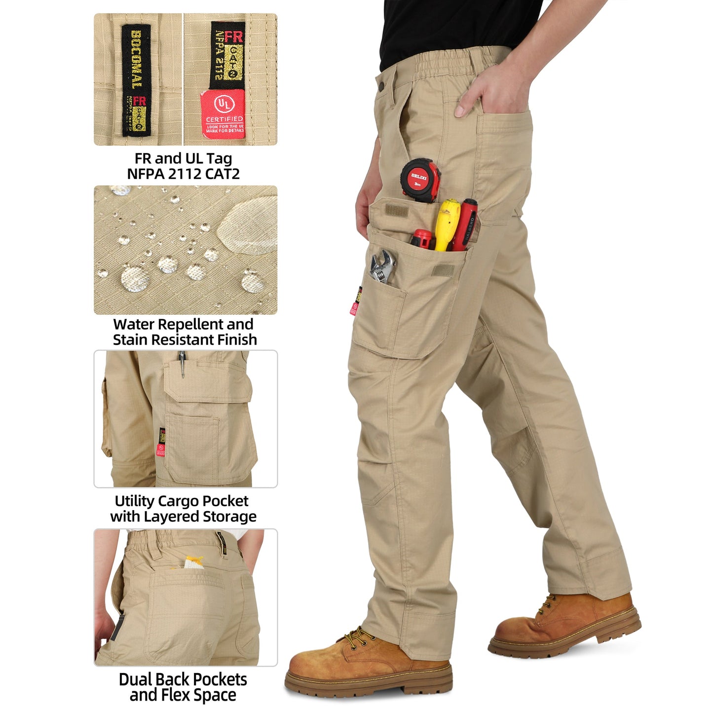 6OZ Lightweight Rip stop FR Stretch Cargo Reinforced Work Carpenter Pants-8528